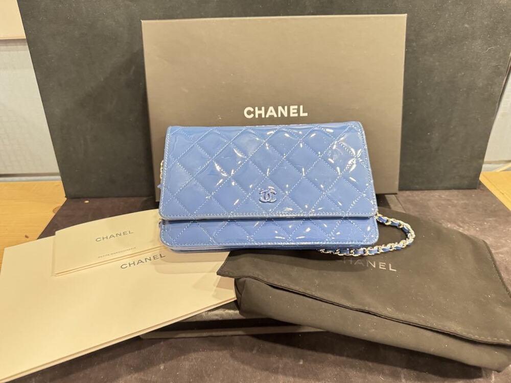 Chanel Quilted CC SHW Blue Patent Leather Wallet On Chain w/ Box - JB 335215